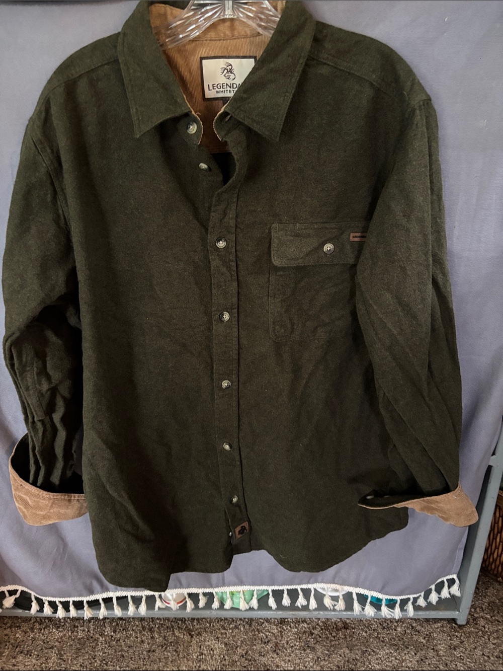 Legendary Whitetails Forest Green Pocket Work Shirt w/ Tan Corduroy cuffs, Sz L